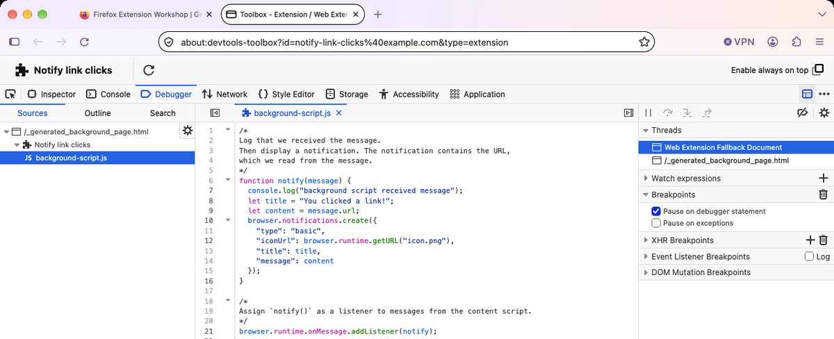 An extension's toolbox in Firefox Nova, showing its background script in the Debugger