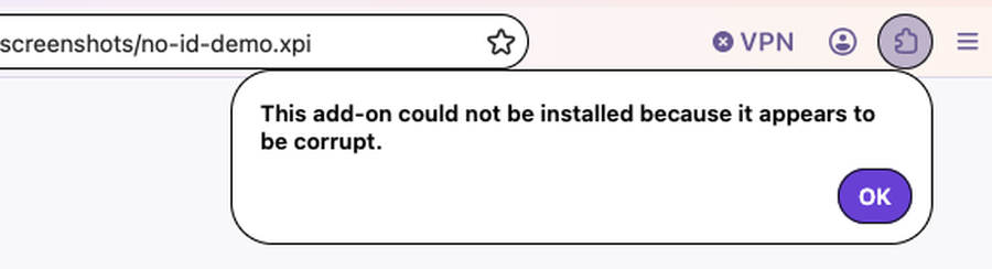 The "could not be installed because it appears to be corrupt" message in Firefox Nova