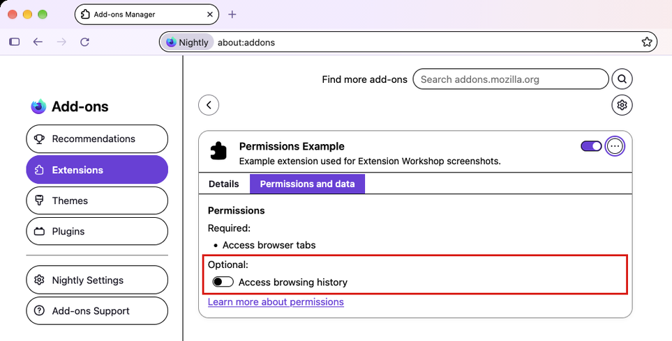 The Permissions and data tab for an extension in the Firefox Nova Add-ons Manager, with the optional permission highlighted