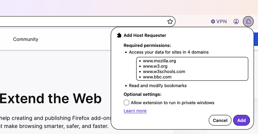 The install permission prompt in Firefox Nova listing four domains
