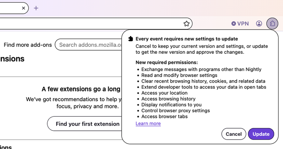 The update permission prompt in Firefox Nova, shown in the Add-ons Manager