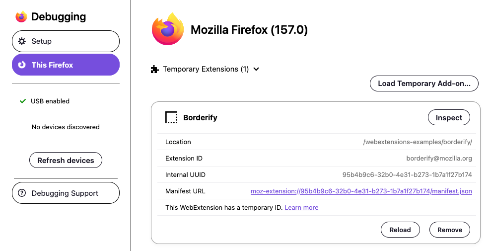 The about:debugging page in Firefox Nova, showing a temporary extension