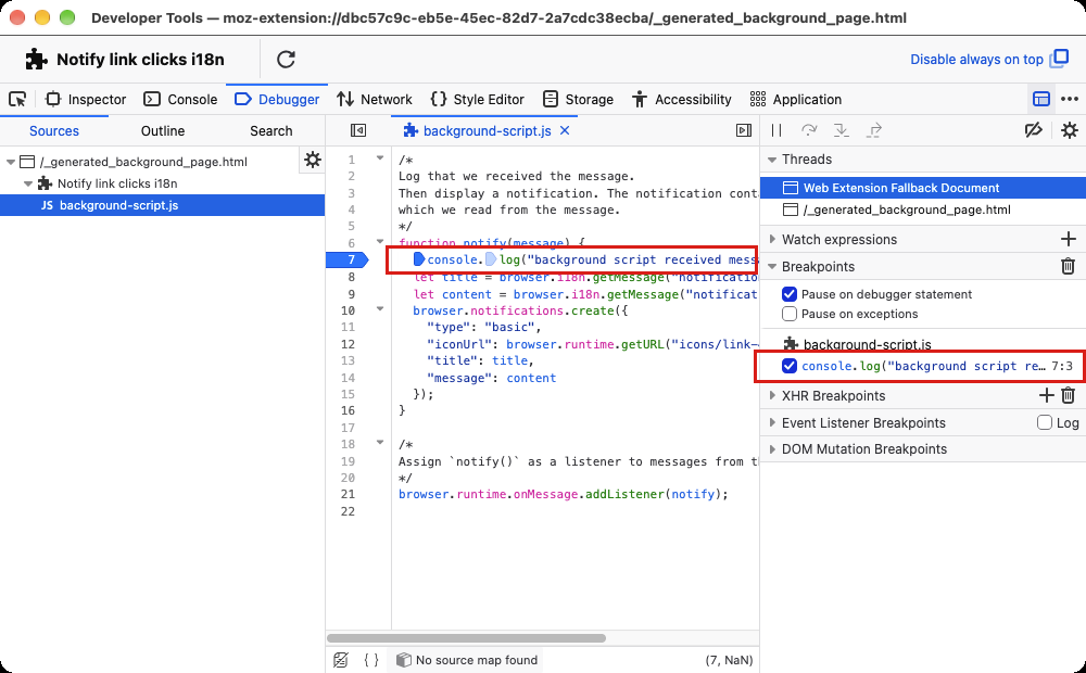 A breakpoint set on a line of an extension's background script in the Firefox Debugger