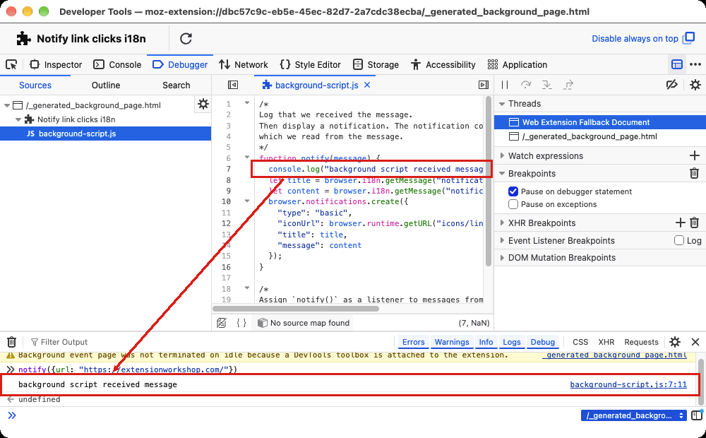 A message logged by an extension's background script, shown in the split console below the Debugger in Firefox