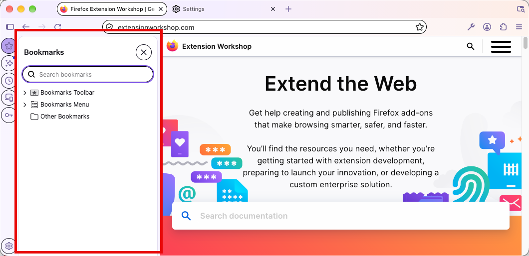 The bookmarks sidebar, highlighted, in Firefox