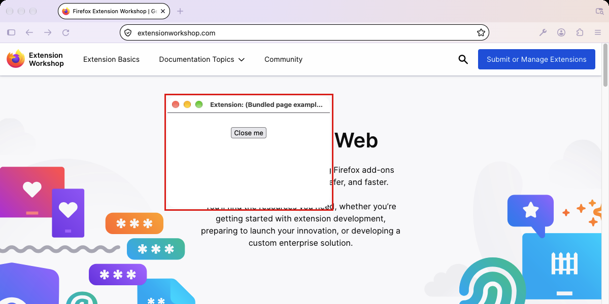 An extension page displayed in a separate popup window, highlighted, over Firefox
