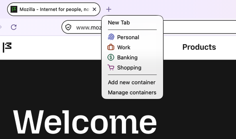The new tab container menu in Firefox Nova, listing the Personal, Work, Banking, and Shopping containers