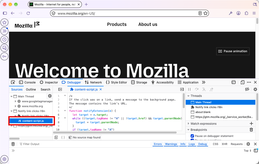 An extension's content script listed under the extension in Sources in the Firefox Debugger