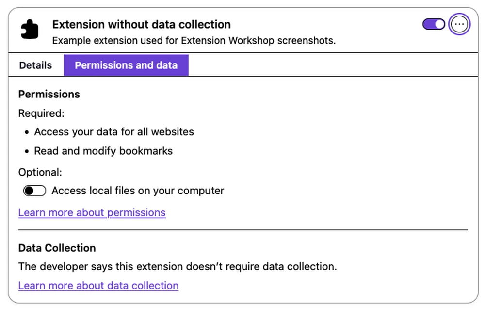 The Permissions and data tab in the Firefox Nova Add-ons Manager for an extension that doesn't collect data