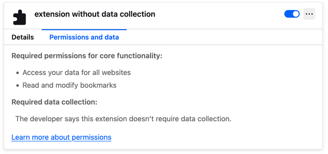 The  about:addons page shows the "no data collected" permission.