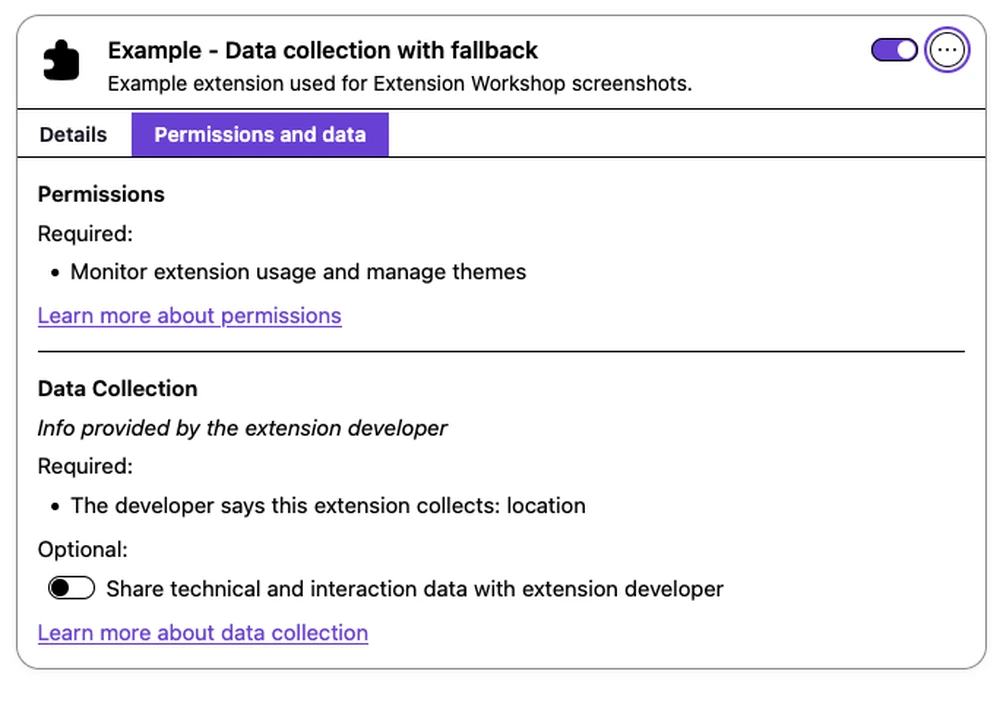 The Permissions and data tab in the Firefox Nova Add-ons Manager showing required and optional data collection