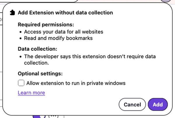The install prompt in Firefox Nova for an extension that doesn't collect data