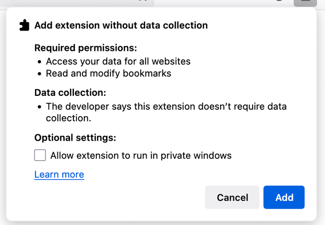 The extension installation prompt shows the no data transmission ar defined in the manifest