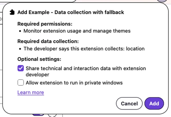 The install prompt in Firefox Nova showing required data collection and the option to share technical and interaction data