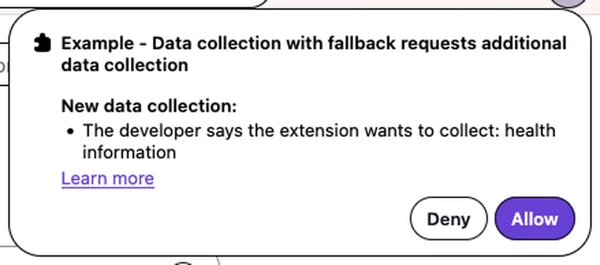 The prompt in Firefox Nova when an extension requests additional data collection at runtime