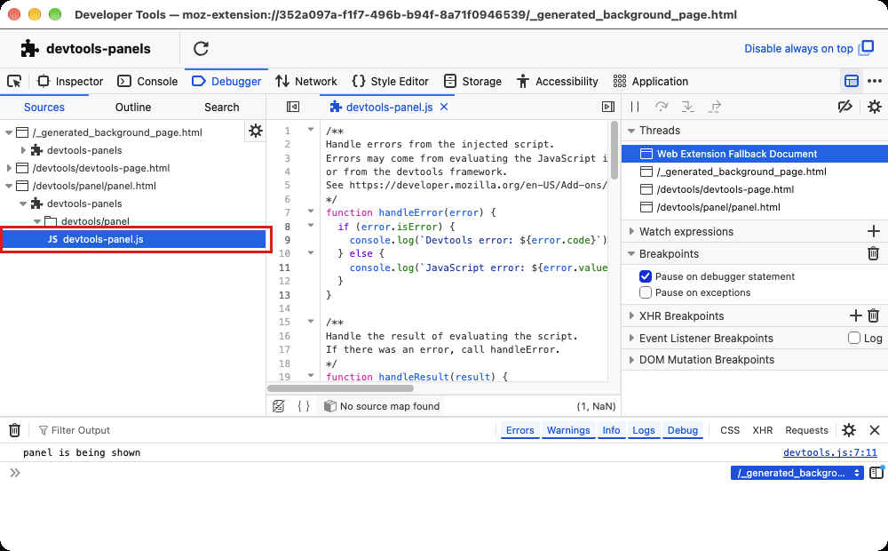 An extension's developer tools panel script selected in Sources in the Firefox Debugger
