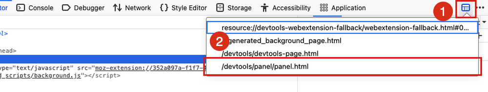 The toolbox frame selector in Firefox Nova listing an extension's developer tools pages, with the panel page highlighted