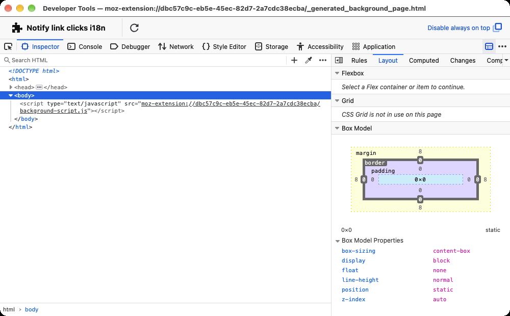 An extension's Toolbox open in its window in Firefox, showing the Inspector with the Layout view
