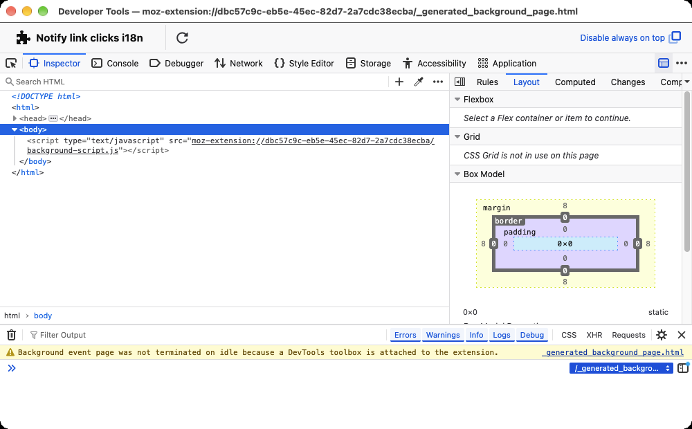 An extension's toolbox in Firefox showing the Inspector, with the Layout view and the split console open