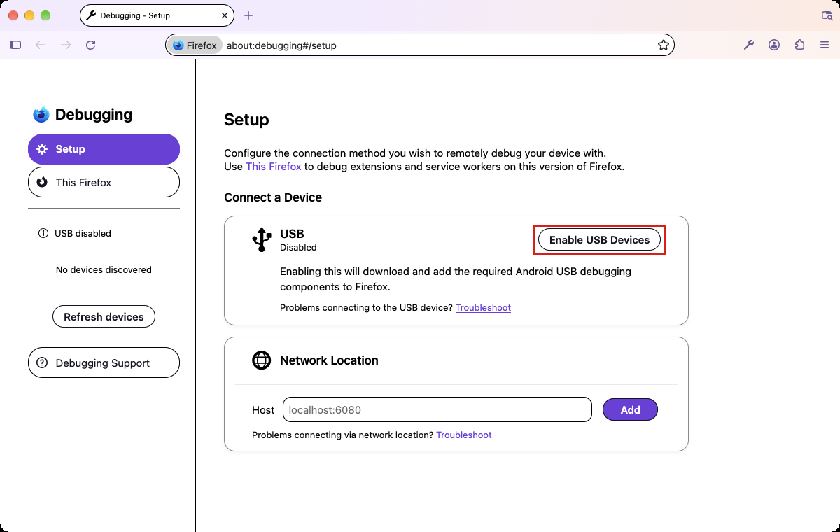 The about:debugging Setup page, with the Enable USB Devices button highlighted