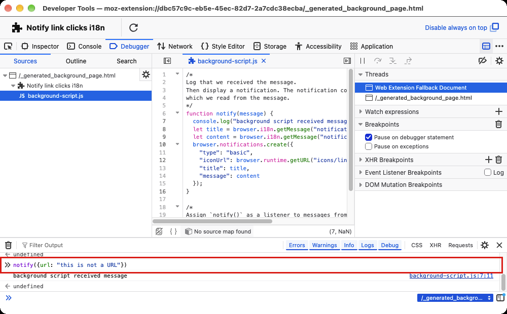 Calling an extension's notify() function from the console in Firefox
