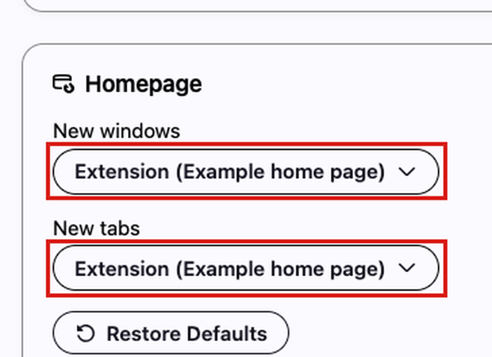 The Homepage settings in Firefox Nova, with the new windows and new tabs settings showing the extension that controls them