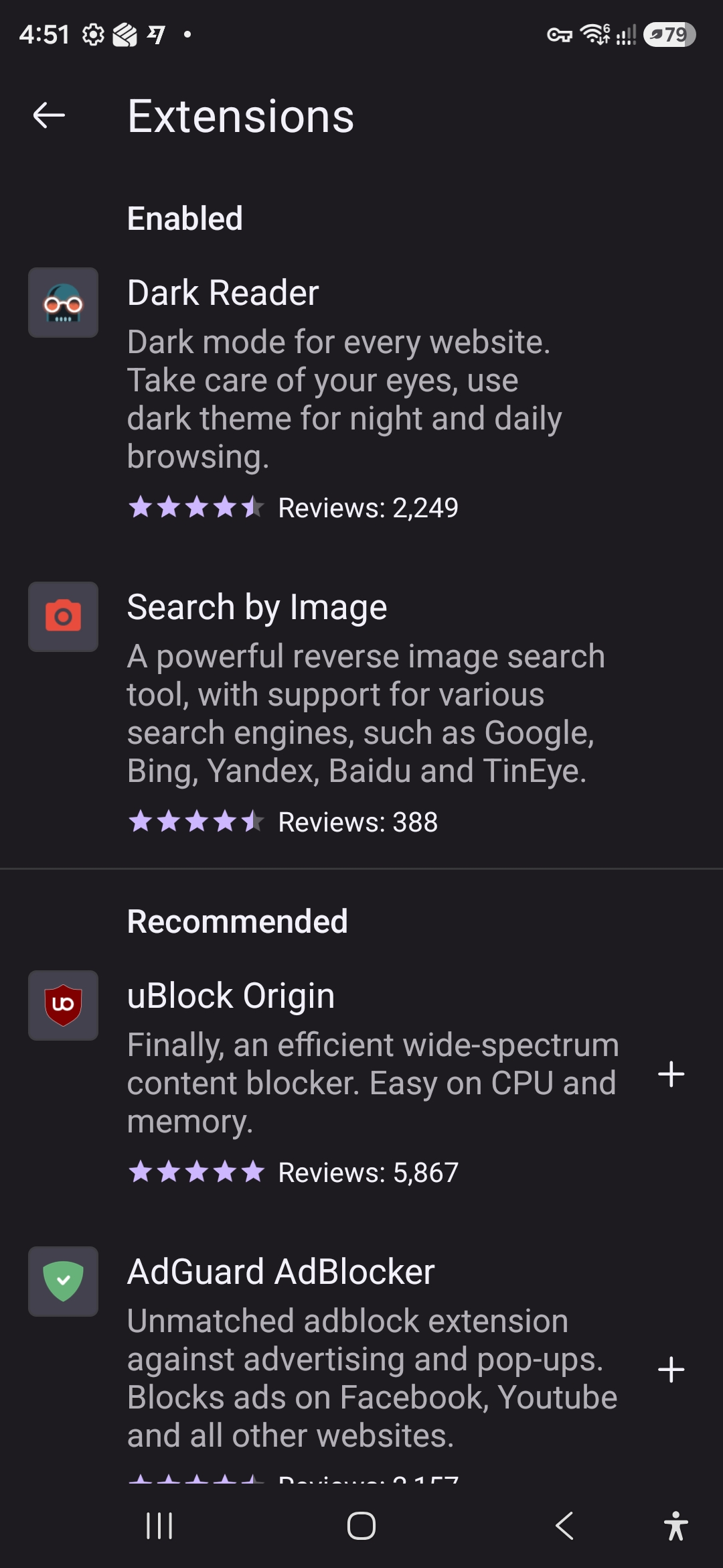 Enabled and recommended extensions listed in Firefox for Android