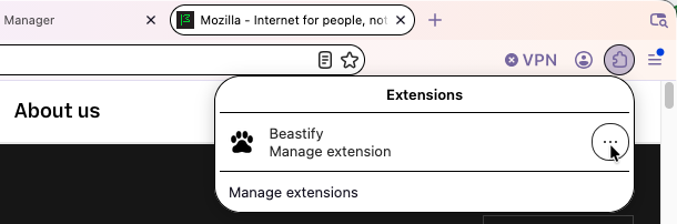 The extensions panel in Firefox Nova, opened from the toolbar, listing the Beastify extension