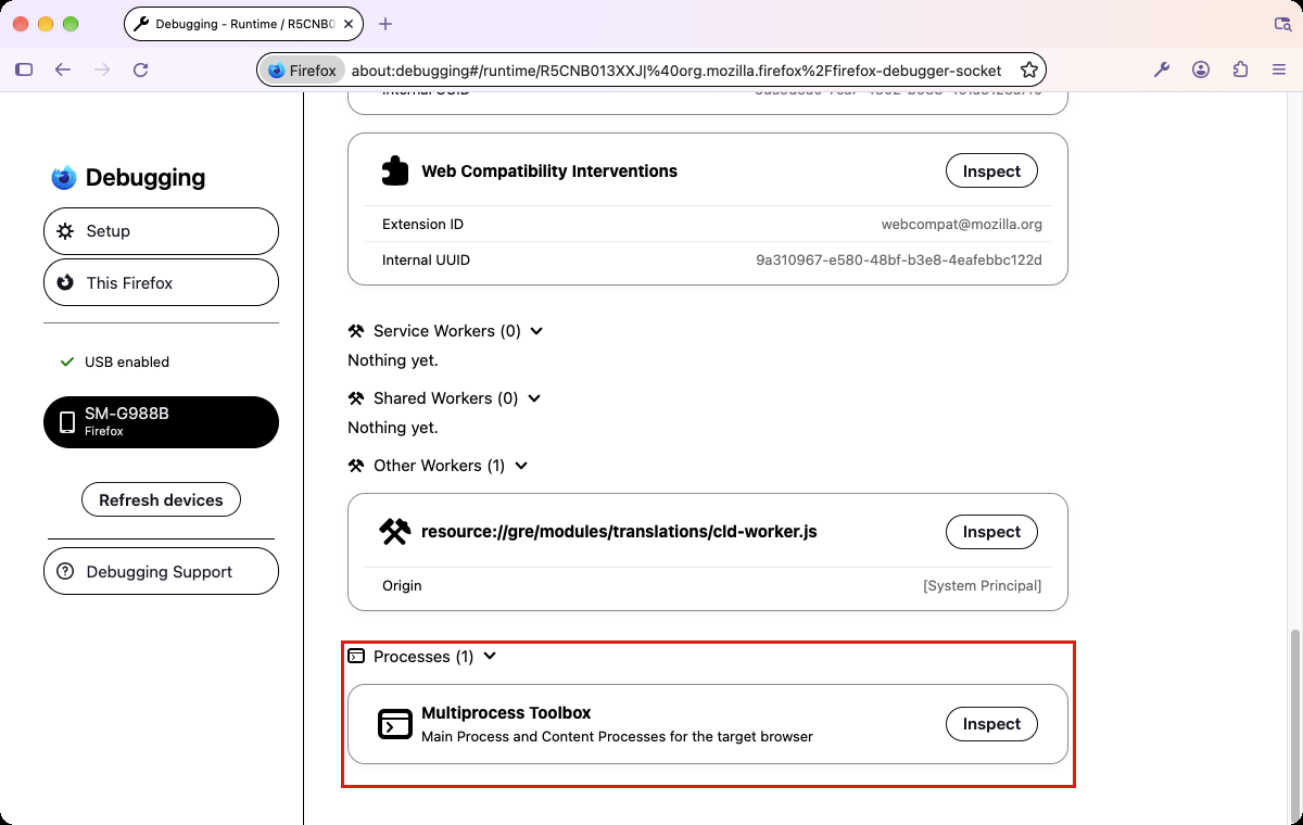 The about:debugging runtime page for an Android device, with the Processes section and its Multiprocess Toolbox entry highlighted