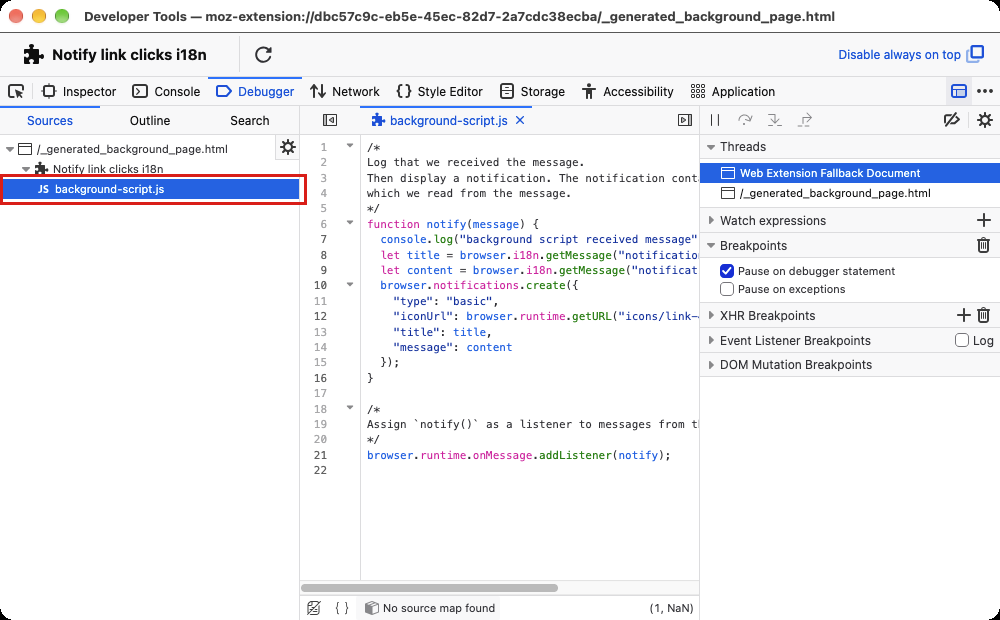 An extension's background script selected in Sources in the Firefox Debugger