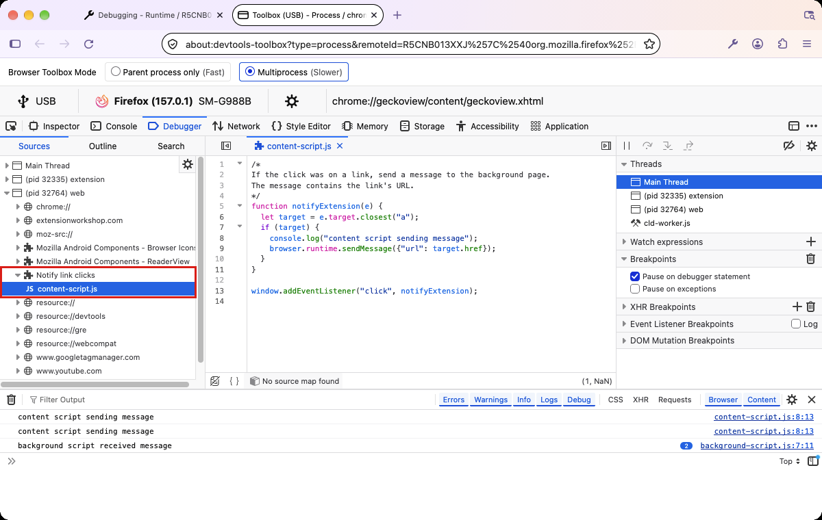 The Multiprocess Toolbox for an Android device, showing an extension's content script in the Debugger and its log messages in the split console