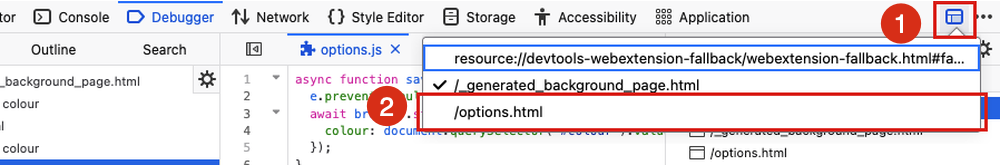 The toolbox frame selector in Firefox Nova listing the extension's options page