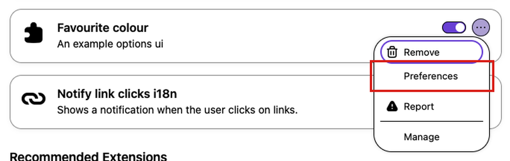 An extension's options menu in the Firefox Add-ons Manager, with Preferences highlighted