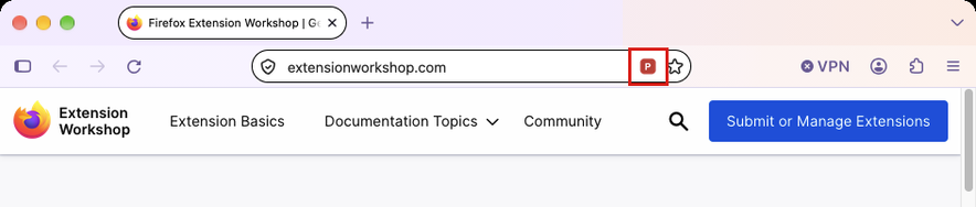 An extension's page action button, highlighted, in the Firefox Nova address bar