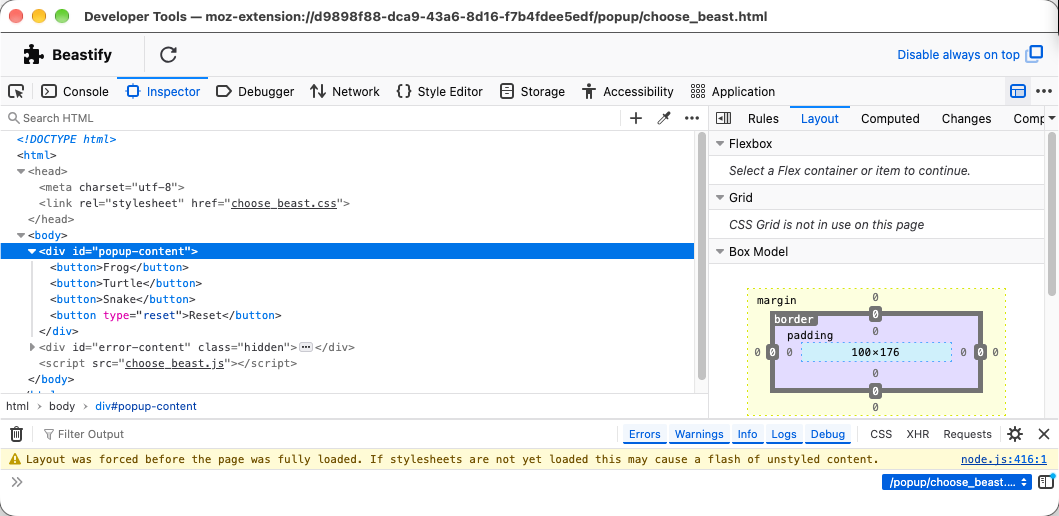 An extension's popup document in the Firefox Inspector with the split console open