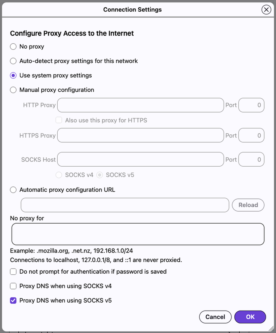 The Connection Settings dialog in Firefox Nova for configuring proxy access to the internet
