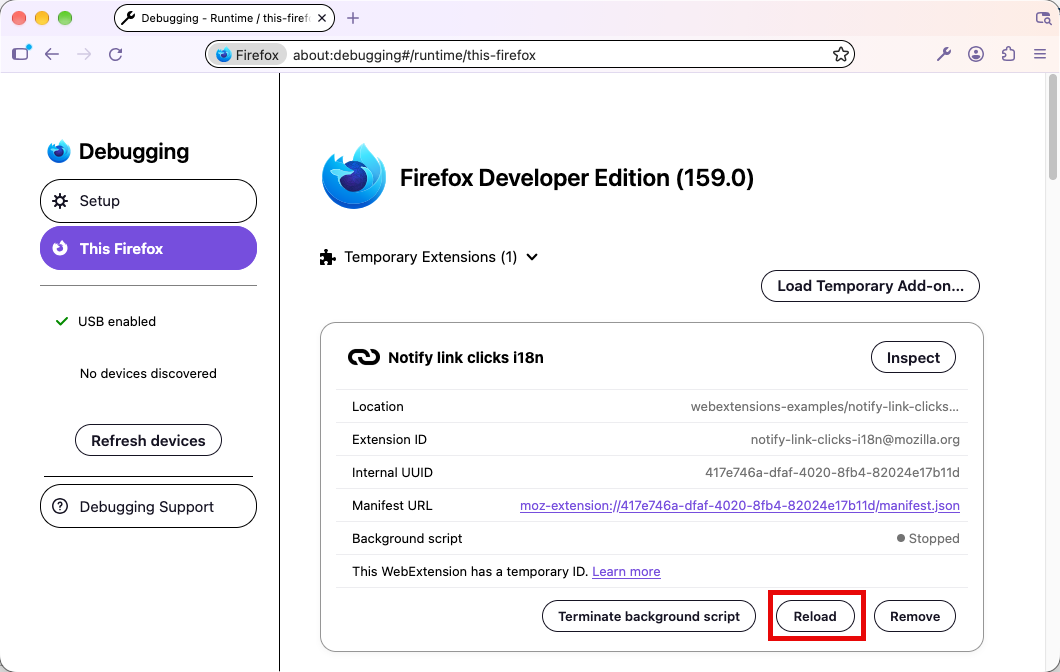 The about:debugging page in Firefox Nova, with the Reload button highlighted on the temporary extension's card