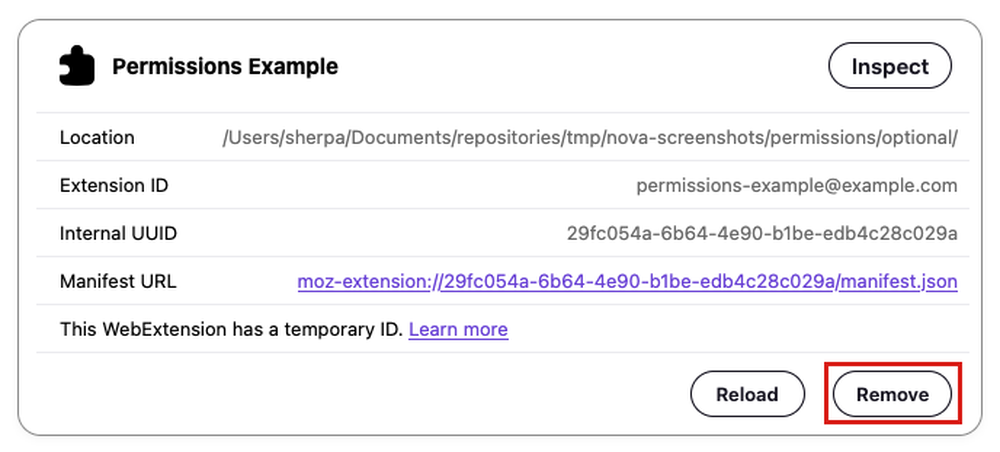 A temporary extension's card in about:debugging in Firefox, with the Remove button highlighted