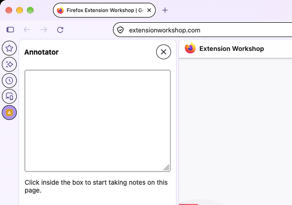 An extension's sidebar, the Annotator example, open in Firefox Nova