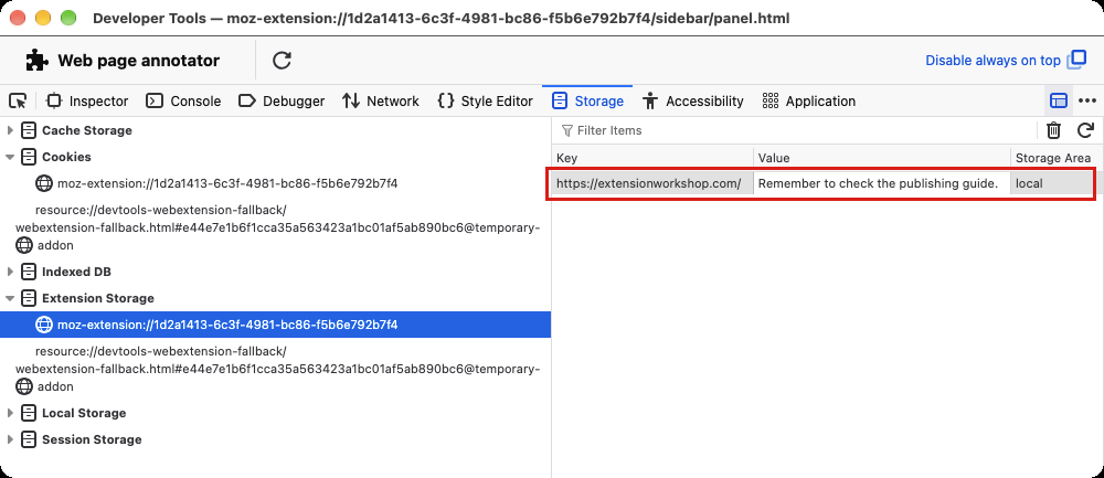An extension's stored data shown under Extension Storage in the Firefox Storage panel