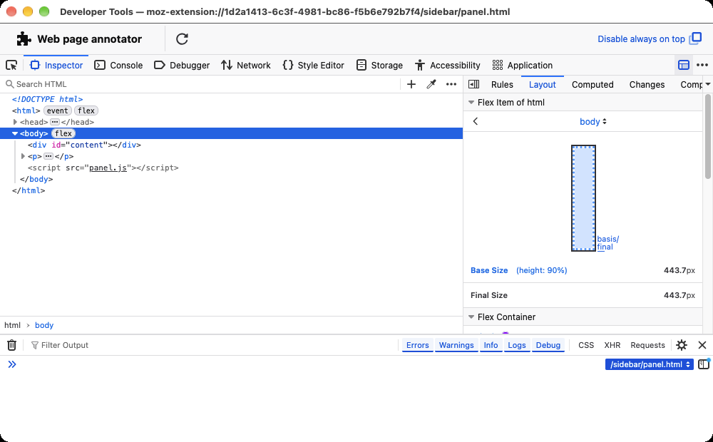 An extension's sidebar document in the Firefox Inspector with the split console open