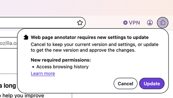 The update permission prompt in Firefox Nova requesting access to browsing history