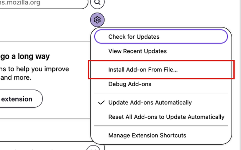 The Add-ons Manager tools menu in Firefox Nova, with Install Add-on From File highlighted