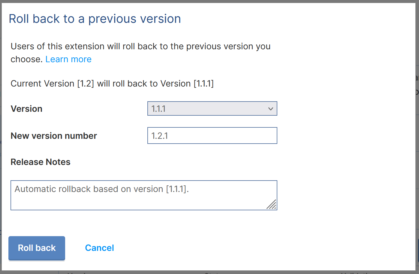 Developer Hub rollback form