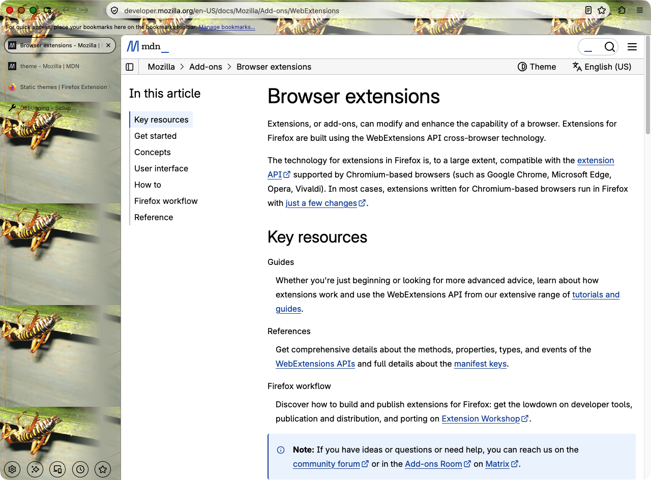 Theme with backgrounds_area set to window, with the tiled image drawn across the whole browser window